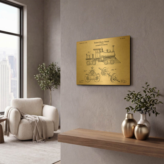'Locomotive Engine Blueprint Patent Parchment' By LUXE Gold Metal Wall Art