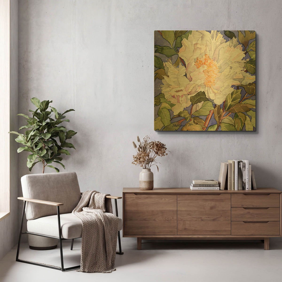 'White Peony' By Sharon Pitts Gold Metal Wall Art