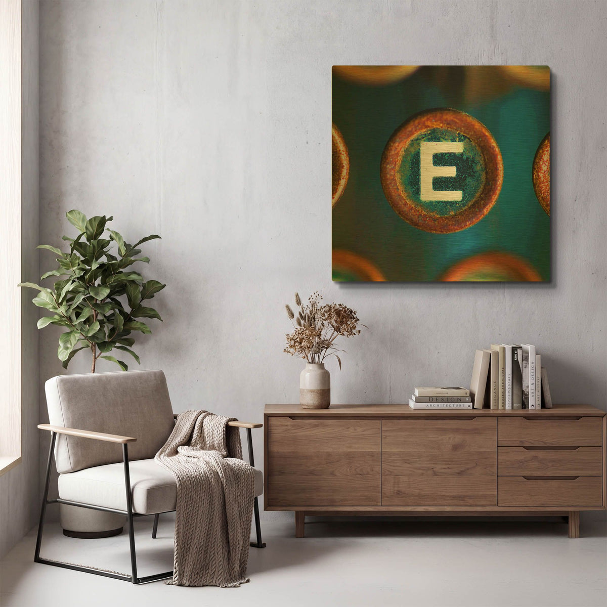 'Letter E of Typewriter' By Tom Quartermaine Gold Metal Wall Art
