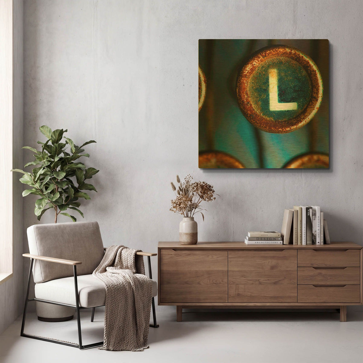 'Letter L of Typewriter' By Tom Quartermaine Gold Metal Wall Art
