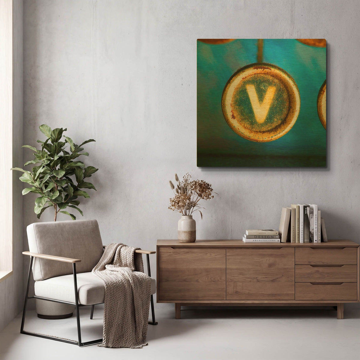 'Letter V of Typewriter' By Tom Quartermaine Gold Metal Wall Art