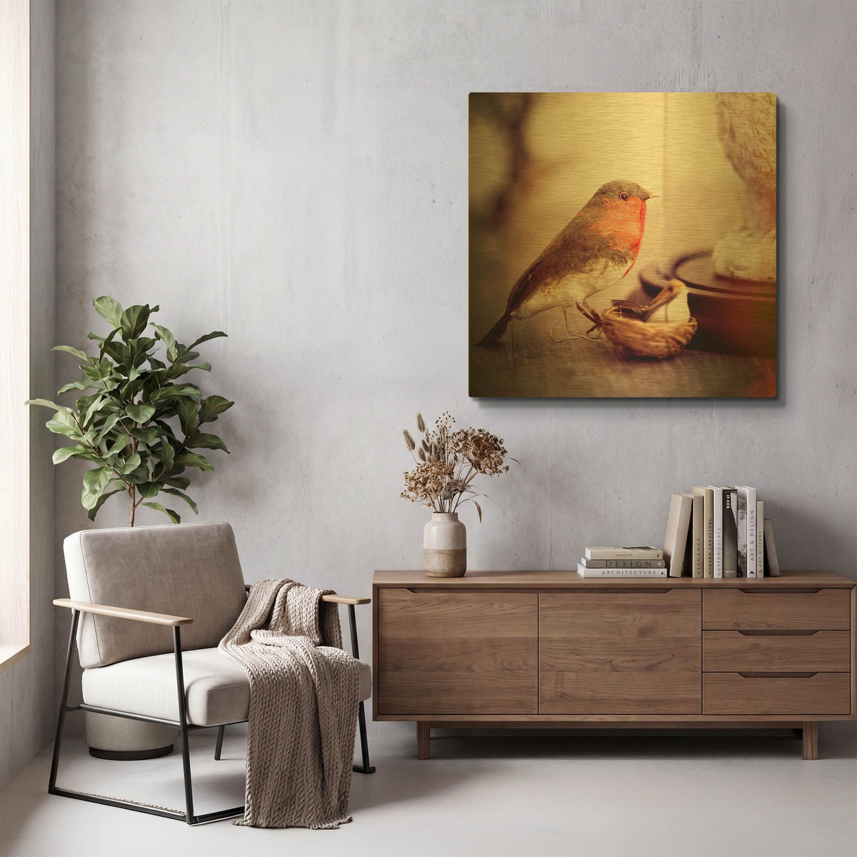 'Little Antique Robin' By Tom Quartermaine Gold Metal Wall Art