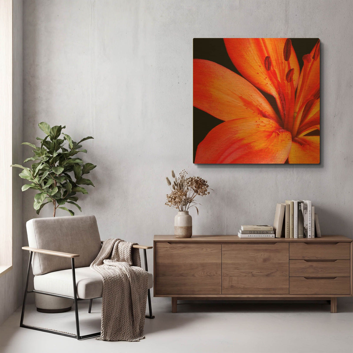 'Orange Flower on Black 02' By Tom Quartermaine Gold Metal Wall Art