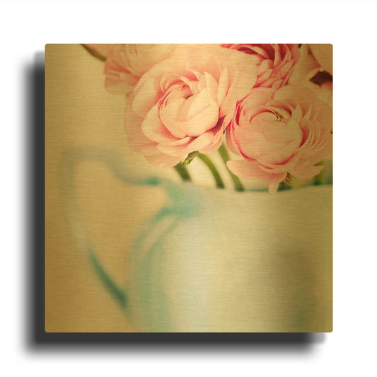 'Pink Flowers in Blue Jug' By Tom Quartermaine Gold Metal Wall Art