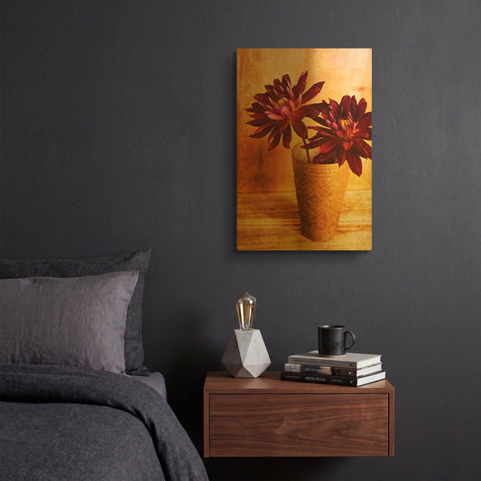 'Red Dahlias in a Copper Vase' By Tom Quartermaine Gold Metal Wall Art