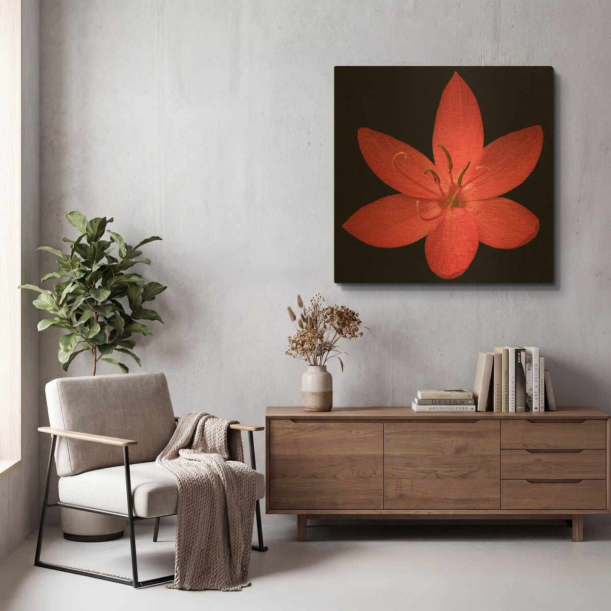 'Red Flower on Black 06' By Tom Quartermaine Gold Metal Wall Art