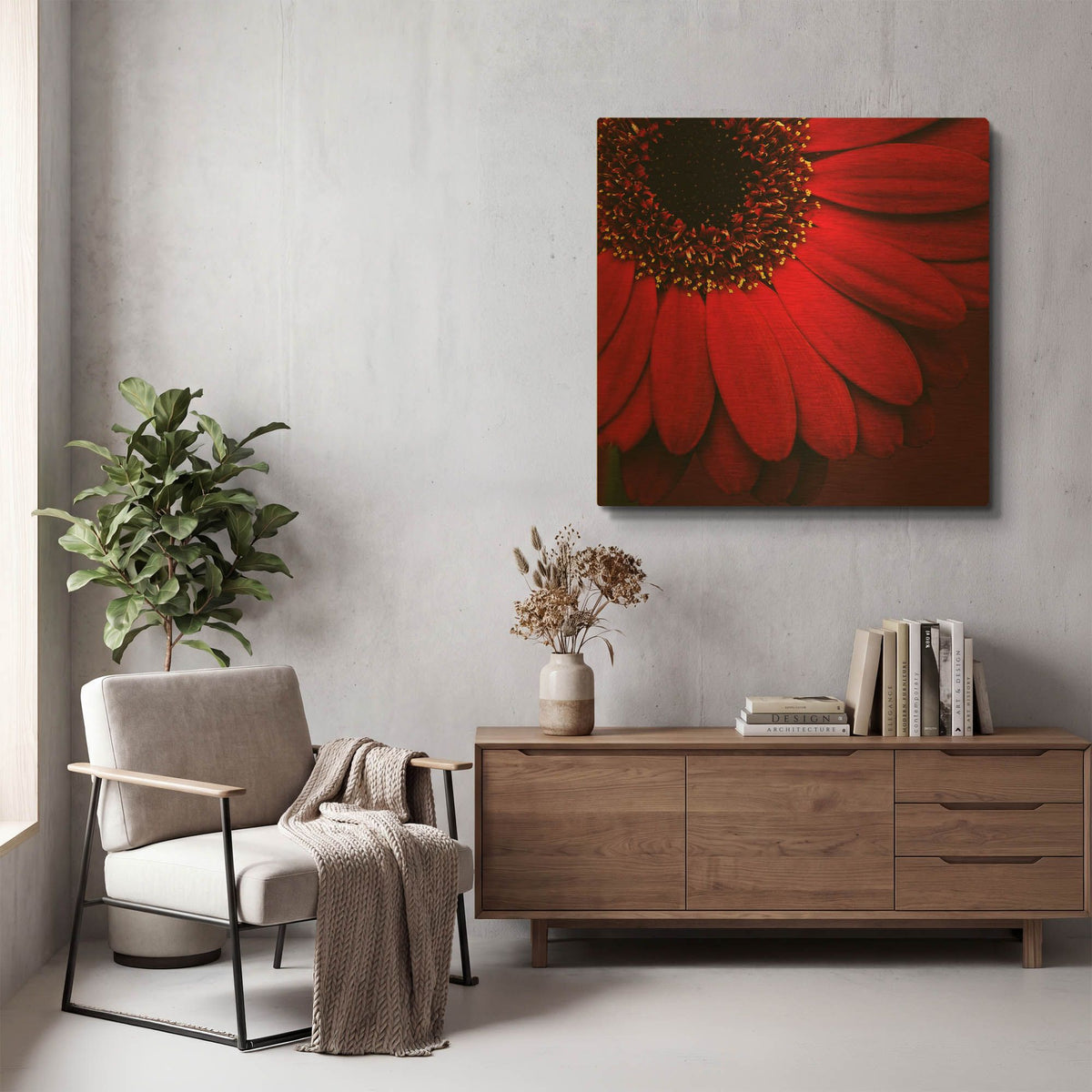 'Red Gerbera on Red 01' By Tom Quartermaine Gold Metal Wall Art