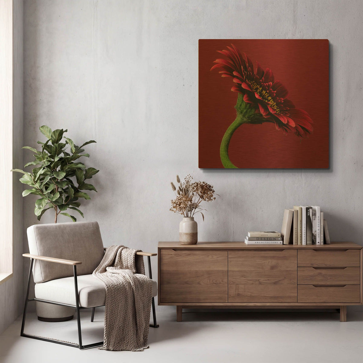 'Red Gerbera on Red 05' By Tom Quartermaine Gold Metal Wall Art