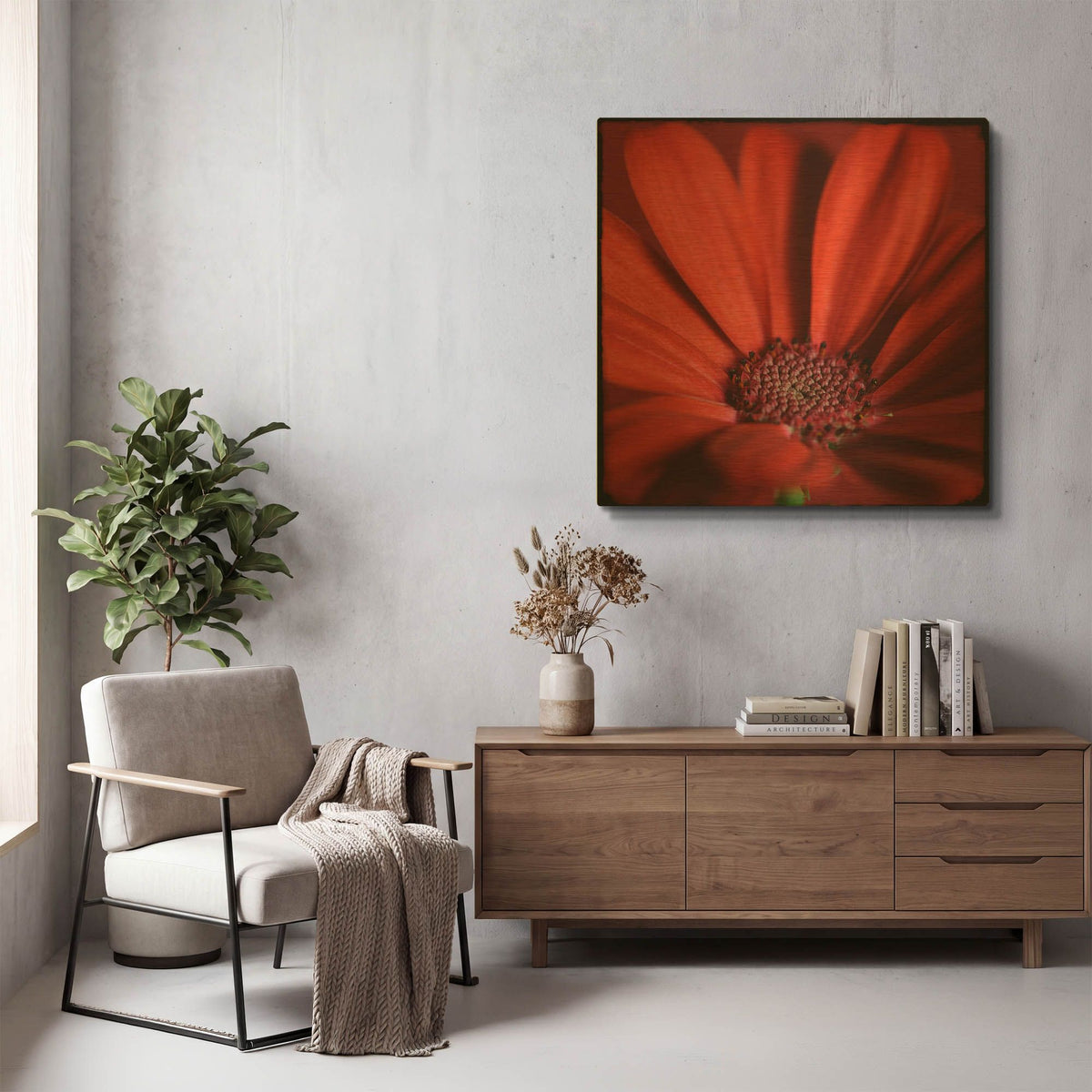 'Red Gerbera on Red 06' By Tom Quartermaine Gold Metal Wall Art
