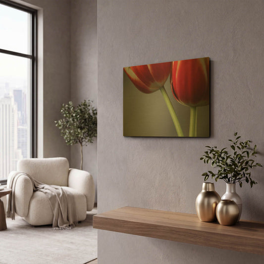 'Red Tulips On Grey 02' By Tom Quartermaine Gold Metal Wall Art