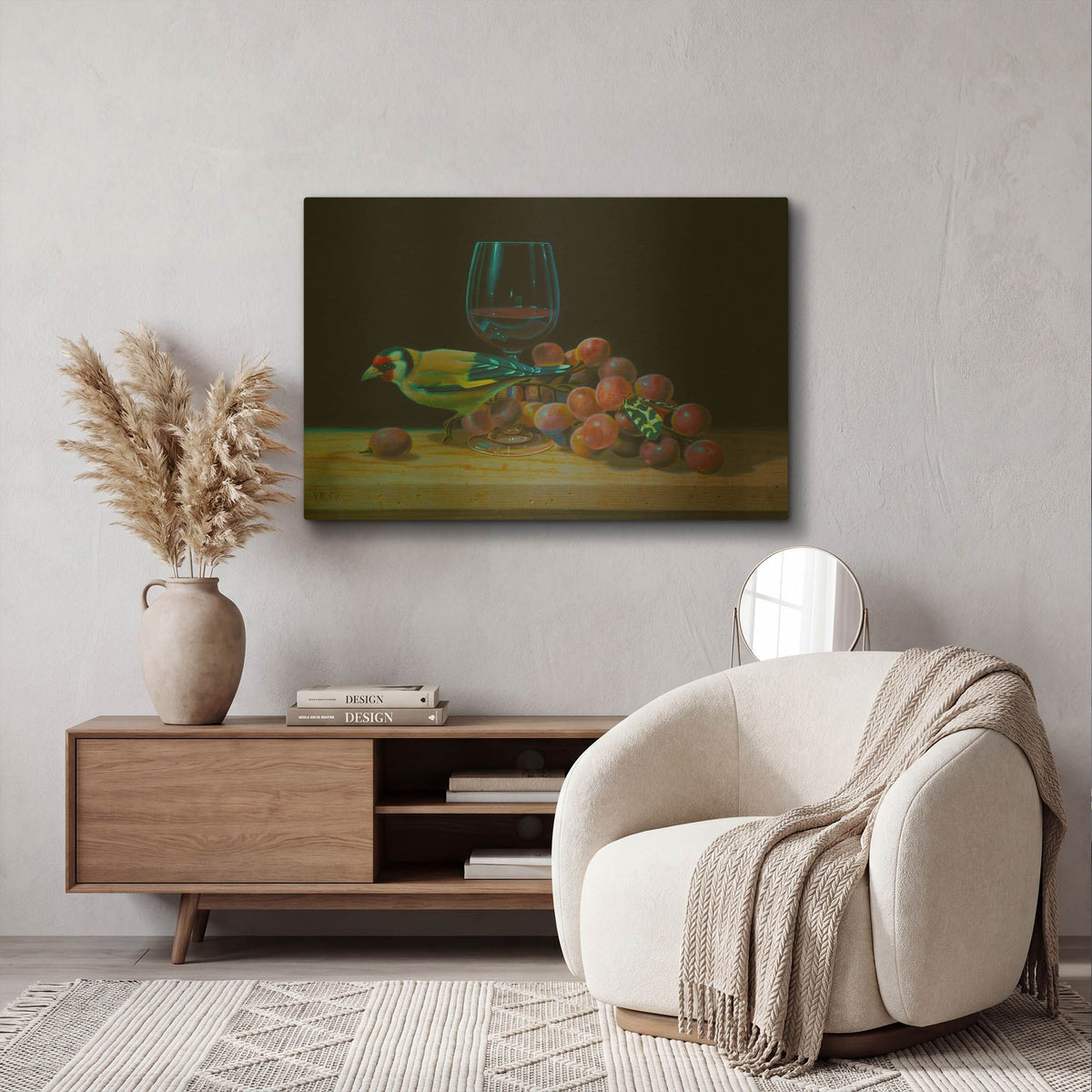 'The Goldfinch And The Glass Of Wine' By Valery Vecu Quitard Gold Metal Wall Art