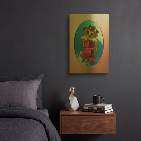 'The Owl With Two Cups' By Valery Vecu Quitard Gold Metal Wall Art