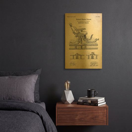 'Dentist Chair Blueprint Patent Parchment' By LUXE Gold Metal Wall Art