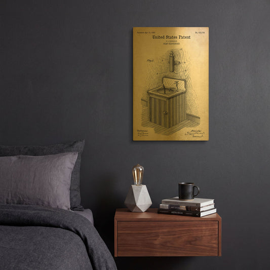 'Soap Dispenser Blueprint Patent Parchment' By LUXE Gold Metal Wall Art