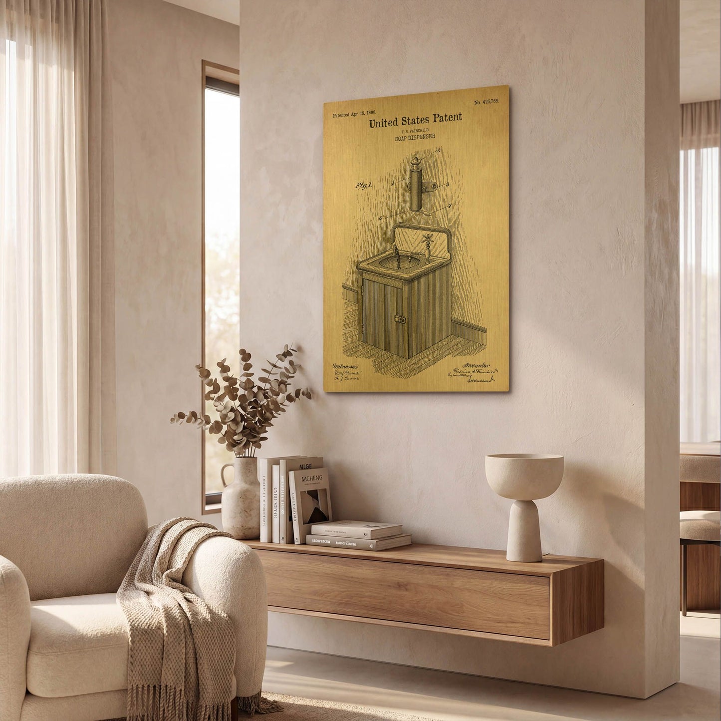 'Soap Dispenser Blueprint Patent Parchment' By LUXE Gold Metal Wall Art