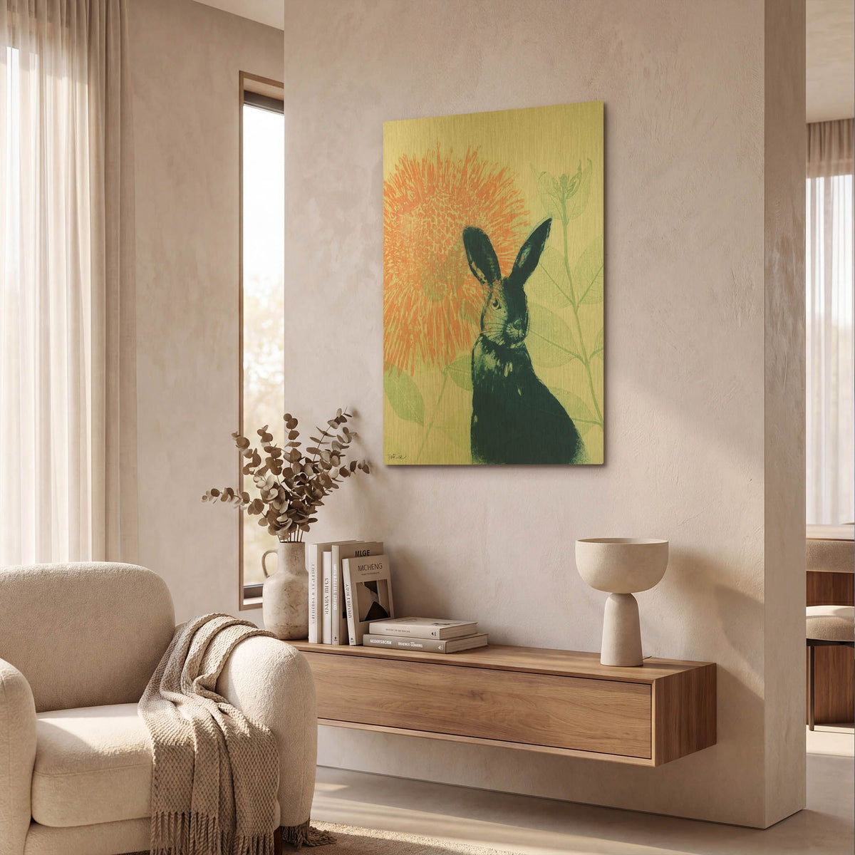 'Pink Waratah and Blue Rabbit' By Trudy Rice Gold Metal Wall Art