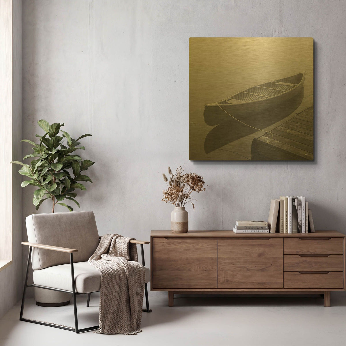 'Calm Waters Canoe II BW' By Jess Aiken Gold Metal Wall Art