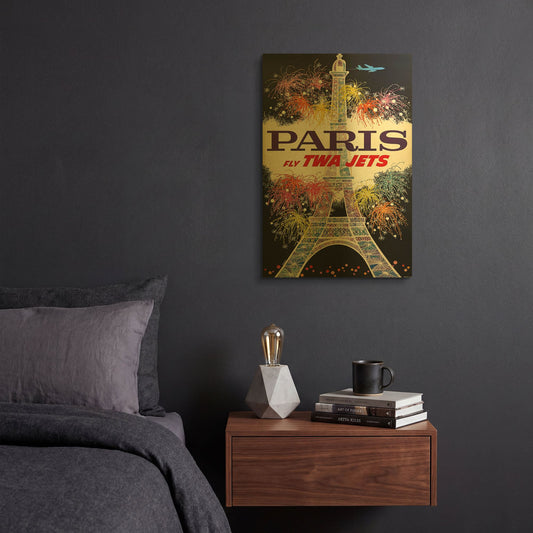 'Fly TWA Paris Eiffel Tower 1960 David Klein' By Vintage Posters Gold Metal Wall Art