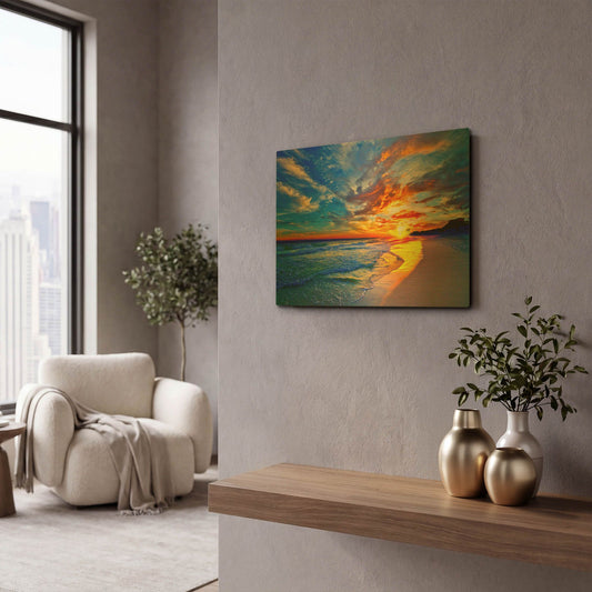 'Amazing Red Blue Sunset Beach' By Ezra Tanner Gold Metal Wall Art