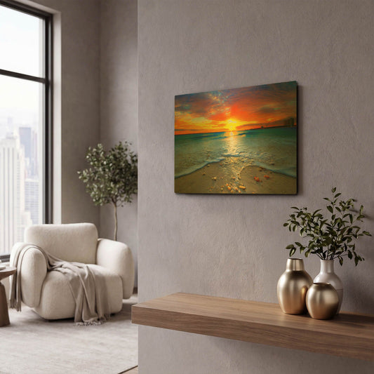 'Amazing Red Sunset Over Blue Ocean' By Ezra Tanner Gold Metal Wall Art