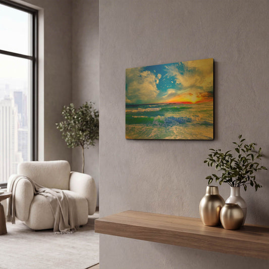 'Colorful Ocean Sunset Blue Seascape Sunrise' By Ezra Tanner Gold Metal Wall Art