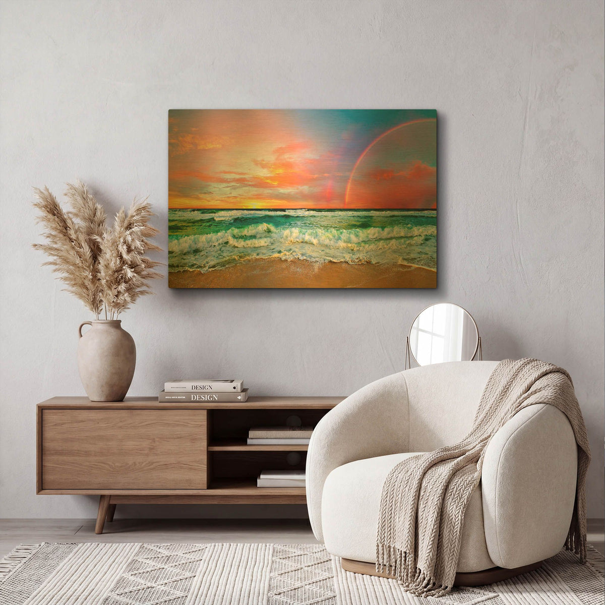 'Beach Rainbow Colorful Ocean Wave Sunset' By Ezra Tanner Gold Metal Wall Art