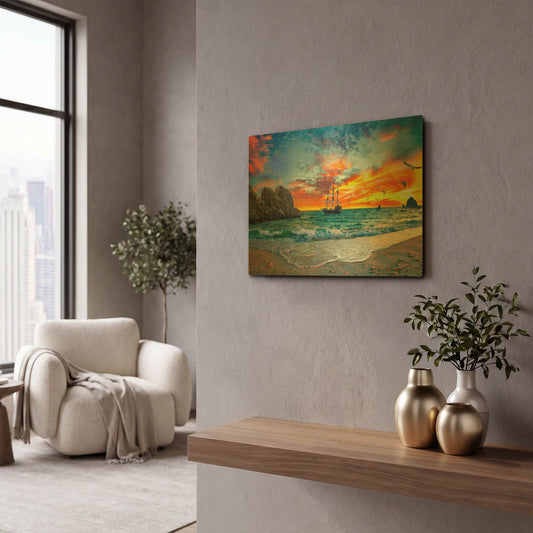 'Pirate Ship Sailing into Sunset' By Ezra Tanner Gold Metal Wall Art