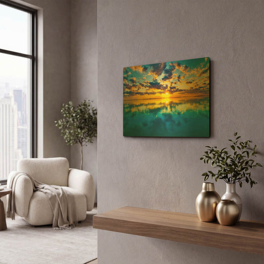 'Sunset Lake Reflection Blue Yellow Skyscape' By Ezra Tanner Gold Metal Wall Art