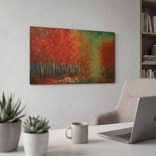 'Red Fall Forest on a Rainy Day' By Lena Owens Gold Metal Wall Art