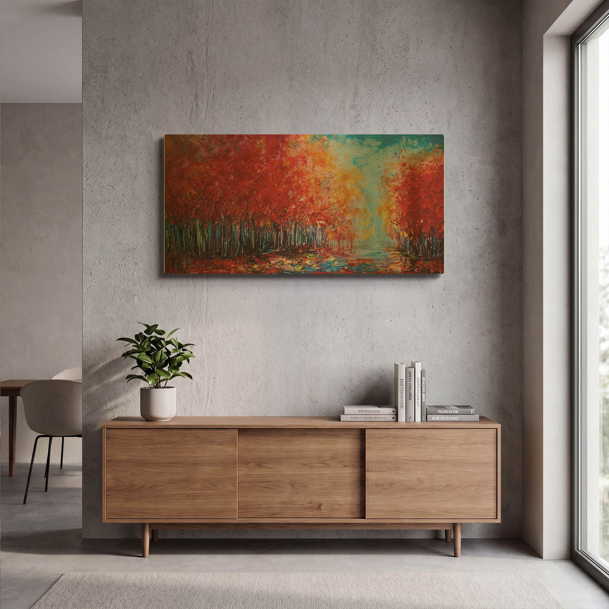 'Red Fall Forest on a Rainy Day' By Lena Owens Gold Metal Wall Art