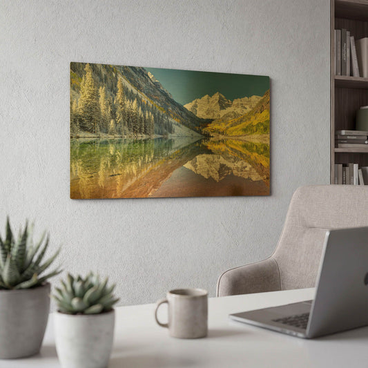 'Fall Season At Maroon Bells Panoramic' By Lena Owens Gold Metal Wall Art
