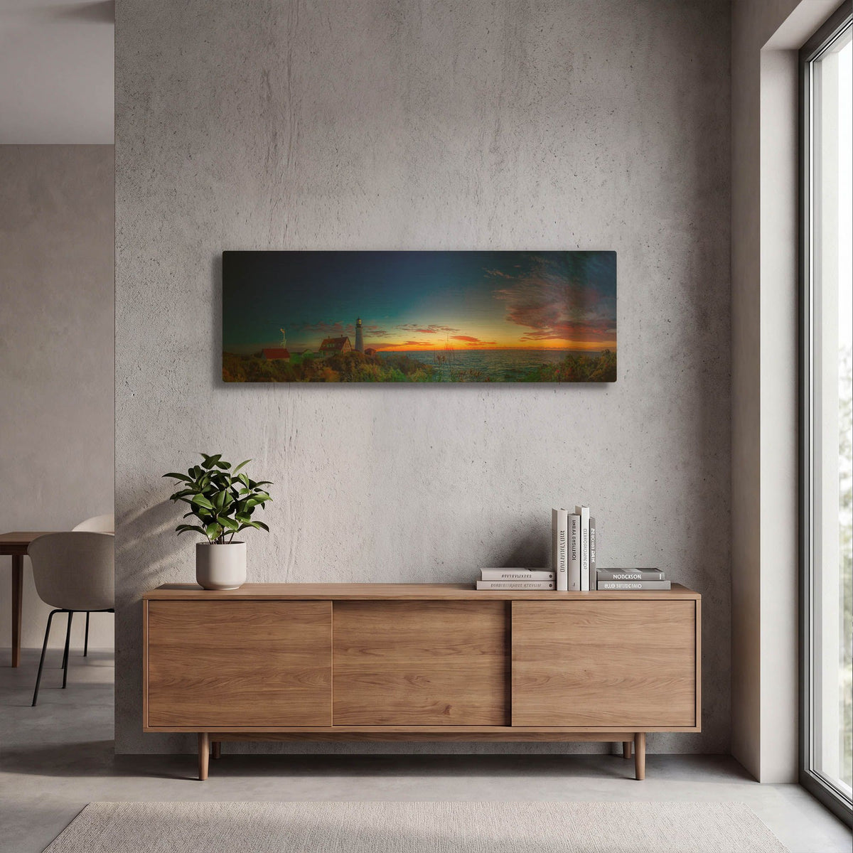 'Portland Maine Head Light At Dawn Panorama' By Lena Owens Gold Metal Wall Art