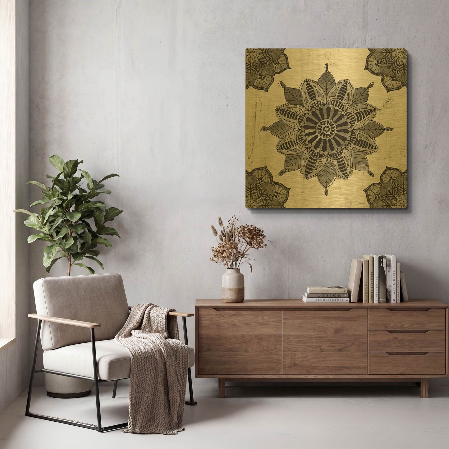 'Mandala Morning VI Black and White' By Anne Tavoletti Gold Metal Wall Art