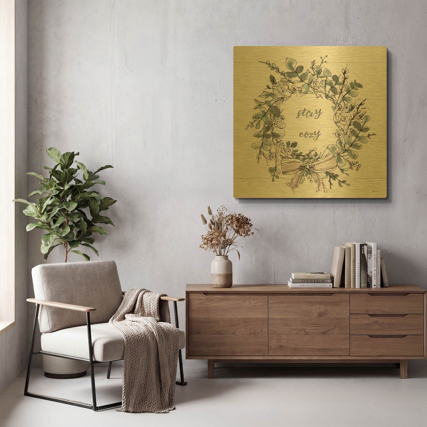 'Modern Farmhouse VII Stay Cozy' By Anne Tavoletti Gold Metal Wall Art