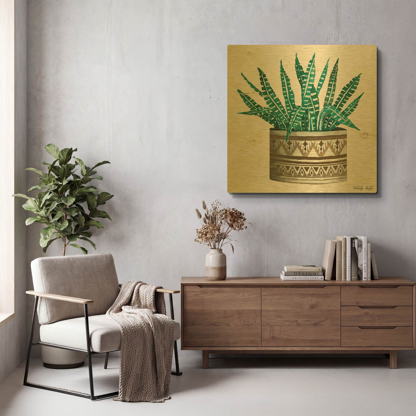 'Mud Cloth Vase V' By Cindy Jacobs Gold Metal Wall Art