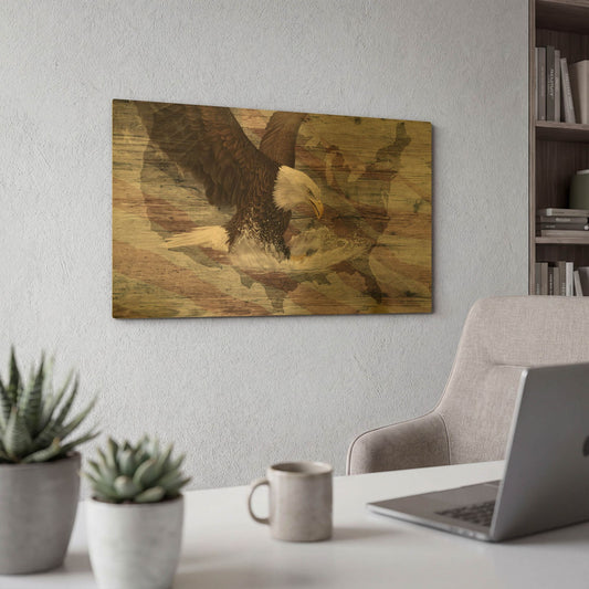 'Woodgrain Antiques Bald Eagle Usa' By Gordon Semmens Gold Metal Wall Art