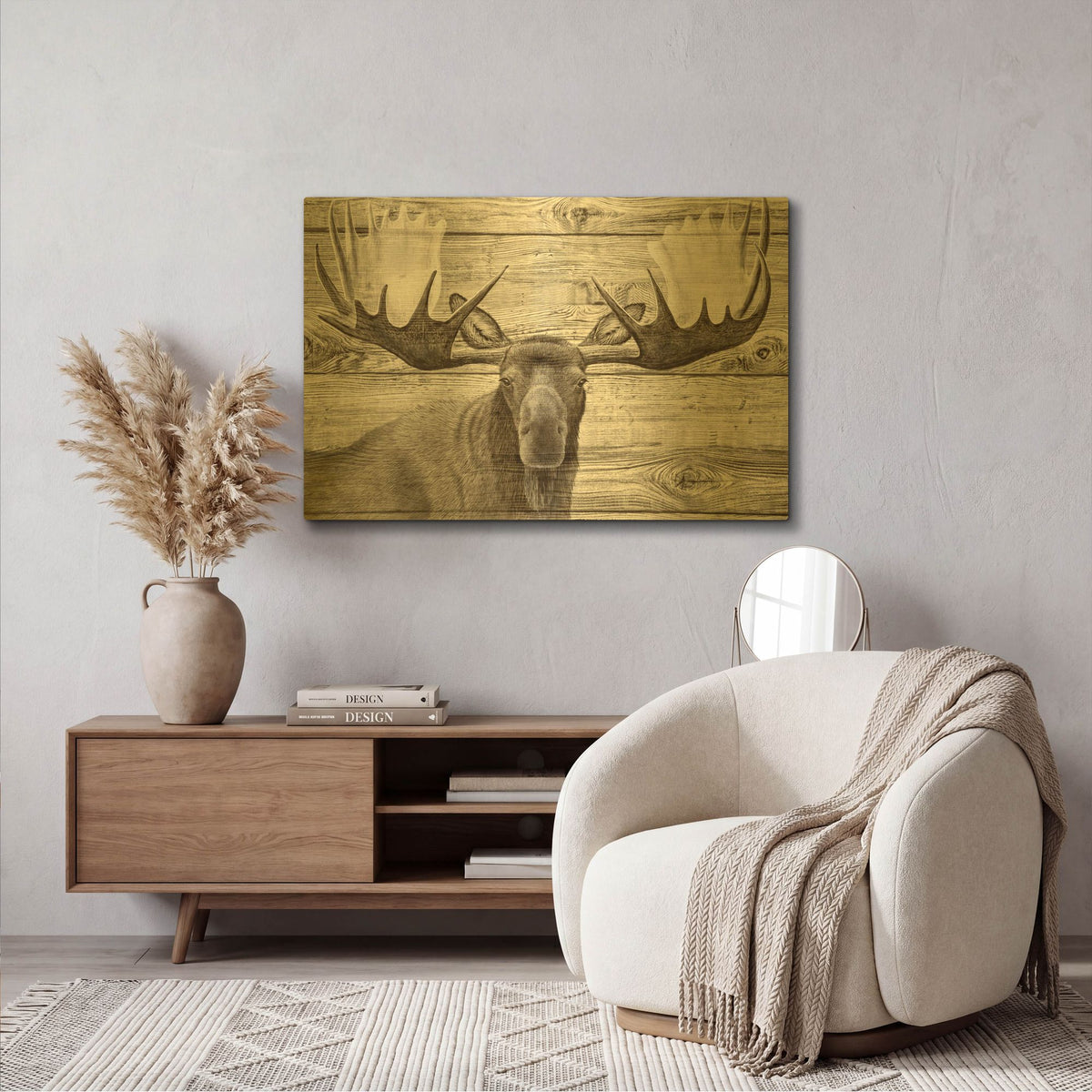 'Woodgrain Antiques Moose' By Gordon Semmens Gold Metal Wall Art