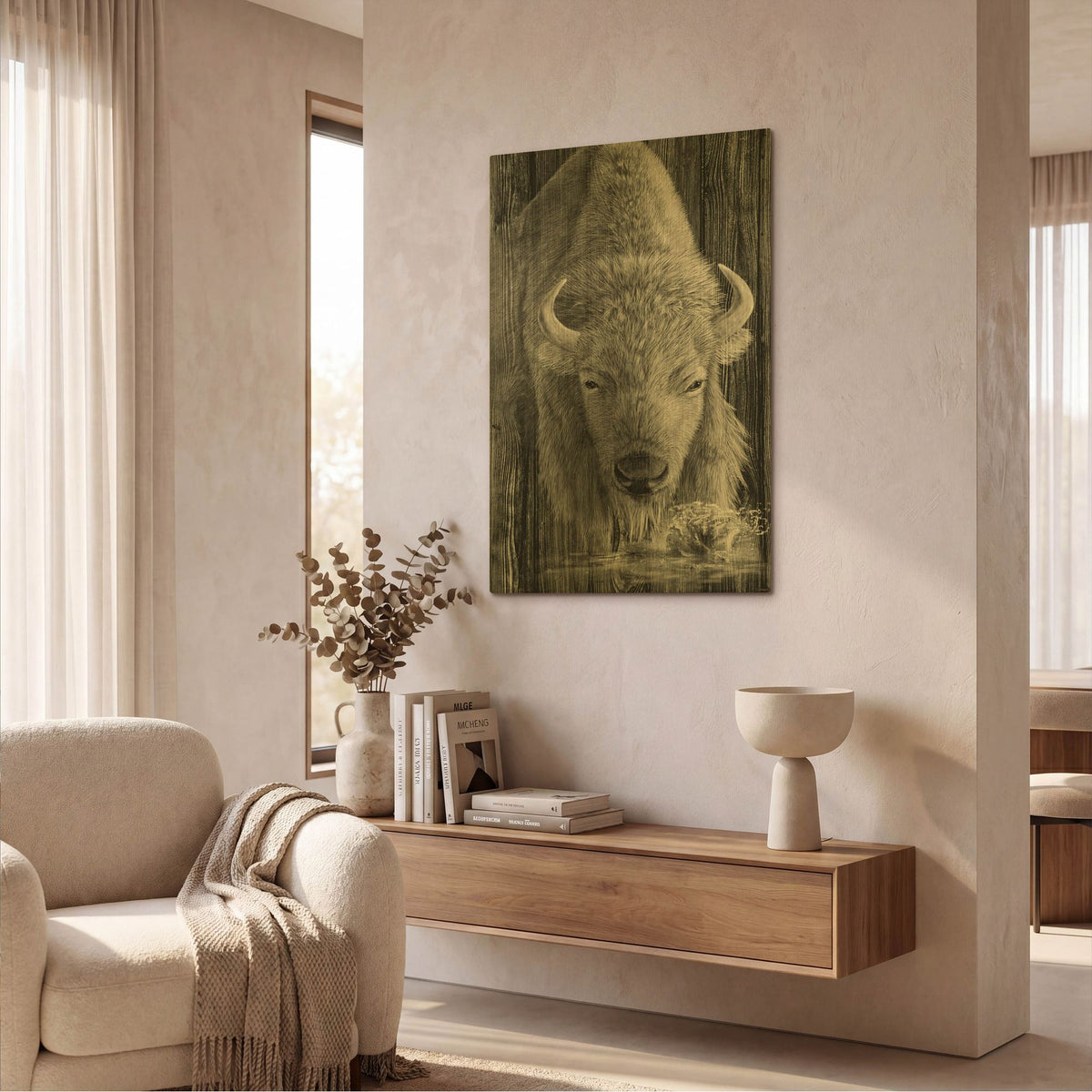 'Woodgrain Antiques White Buffalo' By Gordon Semmens Gold Metal Wall Art