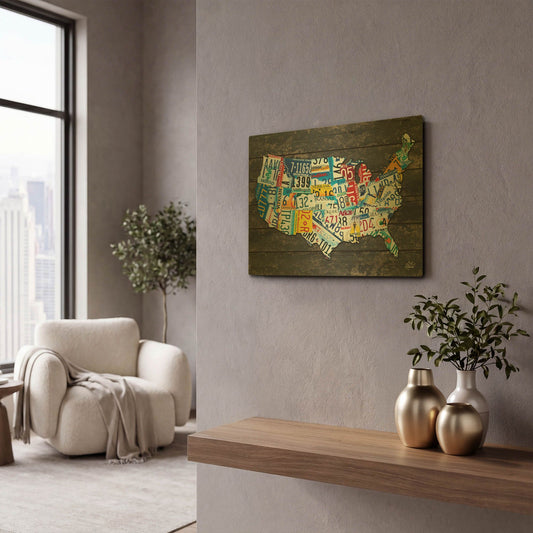 'USA License Plate Map' By Britt Hallowell Gold Metal Wall Art