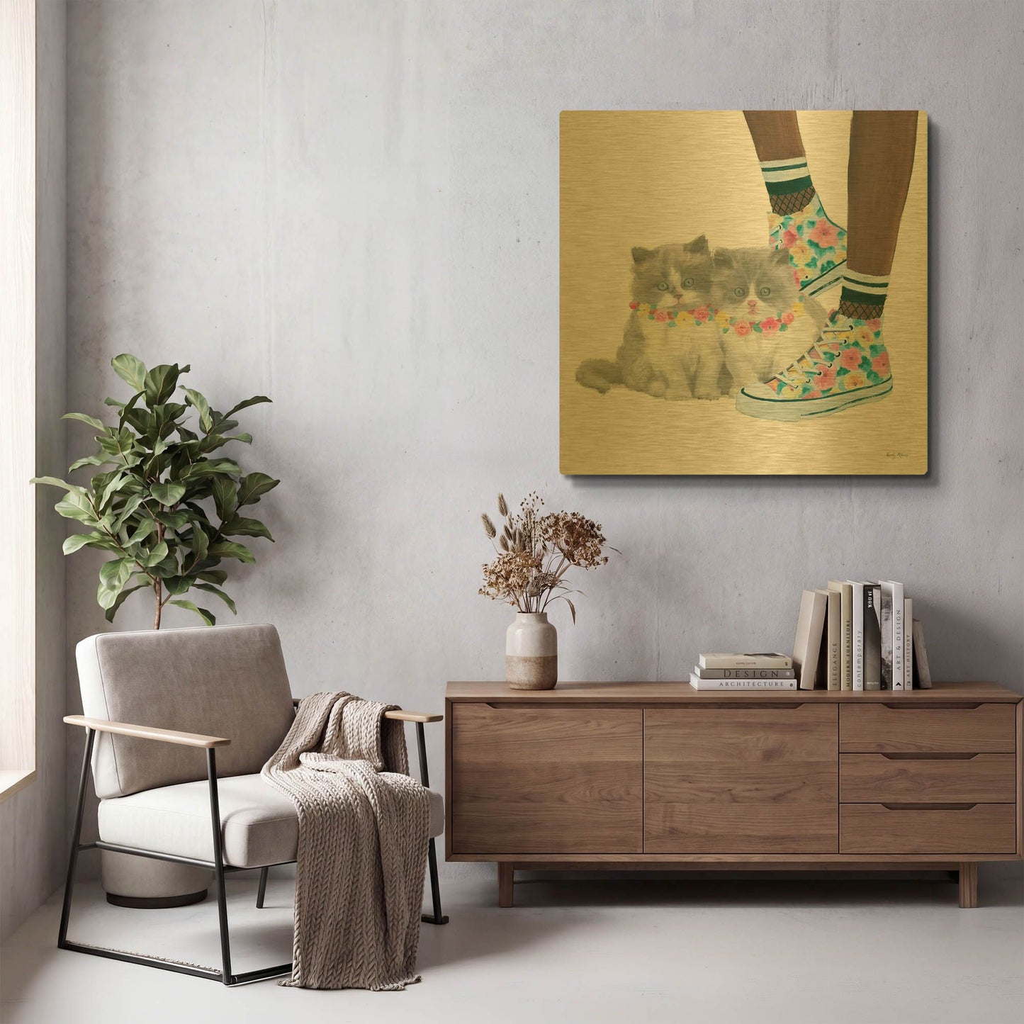 'Cutie Kitties VII' By Emily Adams Gold Metal Wall Art