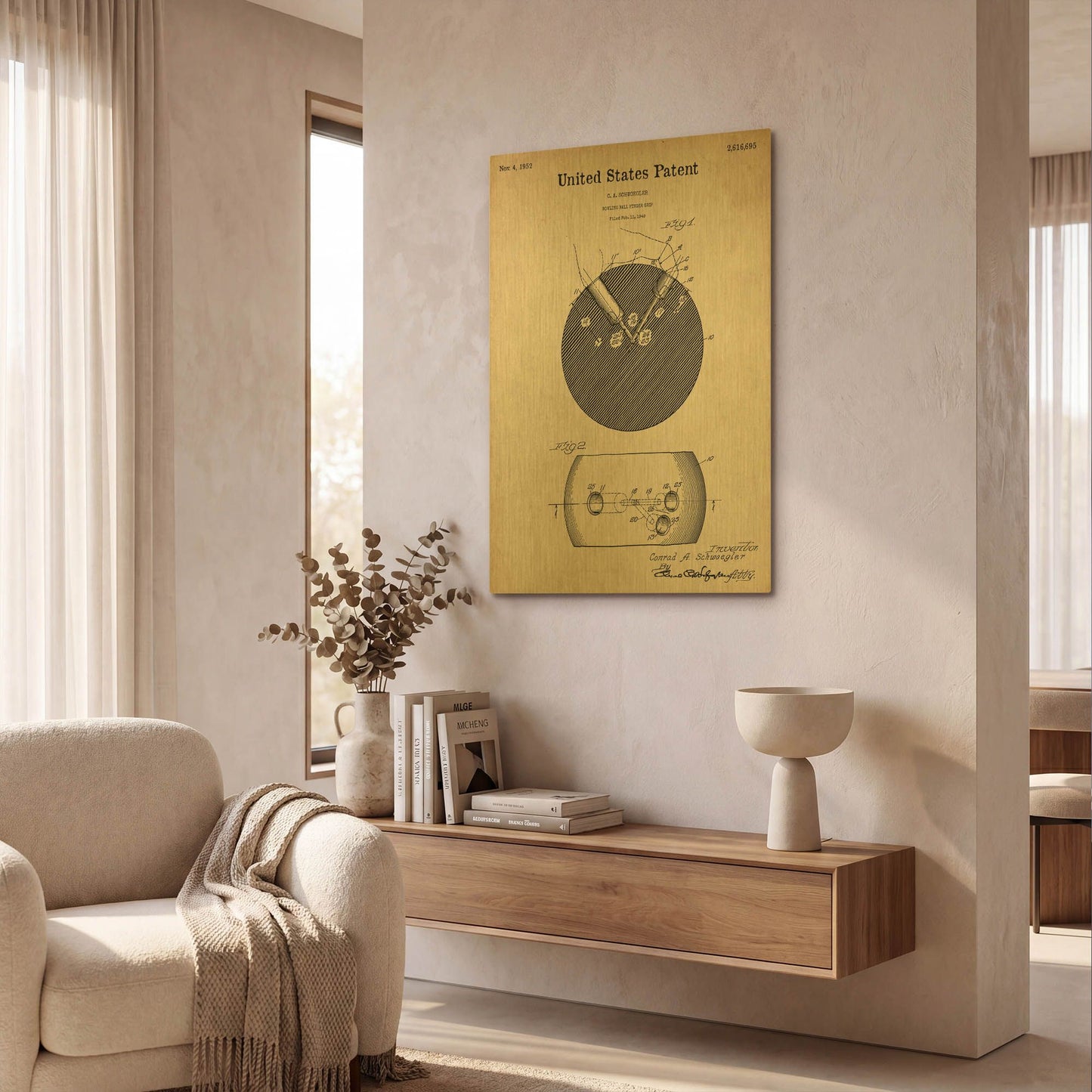 'Bowling Ball Finger Grip Blueprint Patent Parchment' By LUXE Gold Metal Wall Art