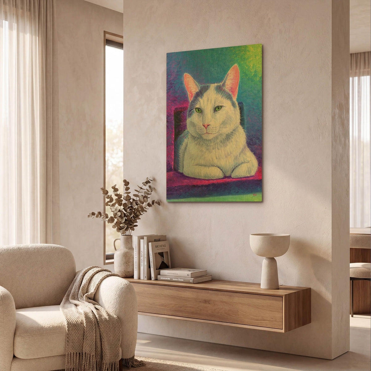 'Rainbow White Cat' By Rebecca Wang Art Gold Metal Wall Art