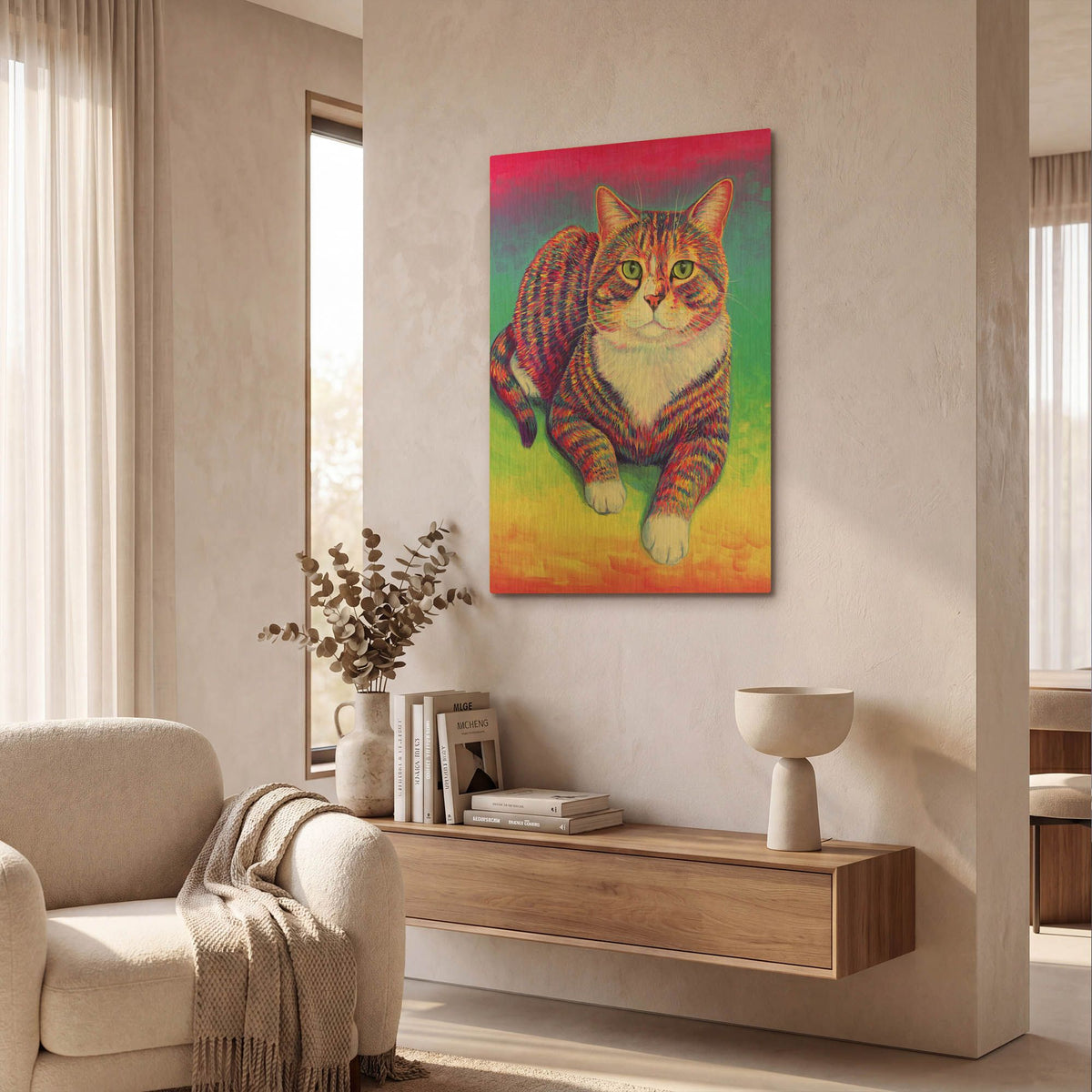 'Vibrant Rainbow Brown Tabby Cat' By Rebecca Wang Art Gold Metal Wall Art