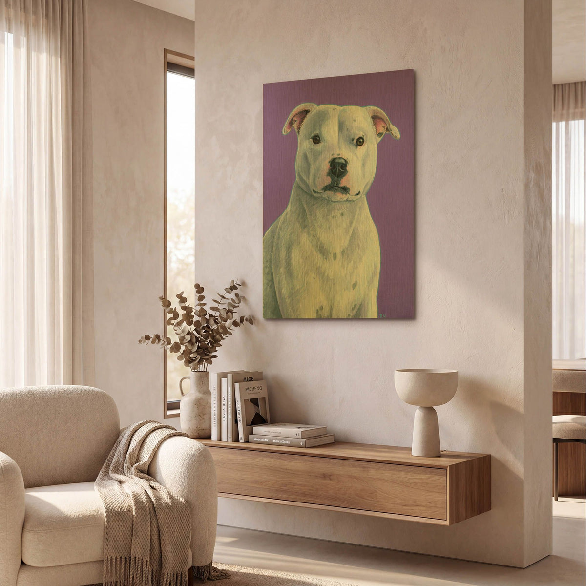 'White Staffordshire Bull Terrier Dog On Purple' By Rebecca Wang Art Gold Metal Wall Art