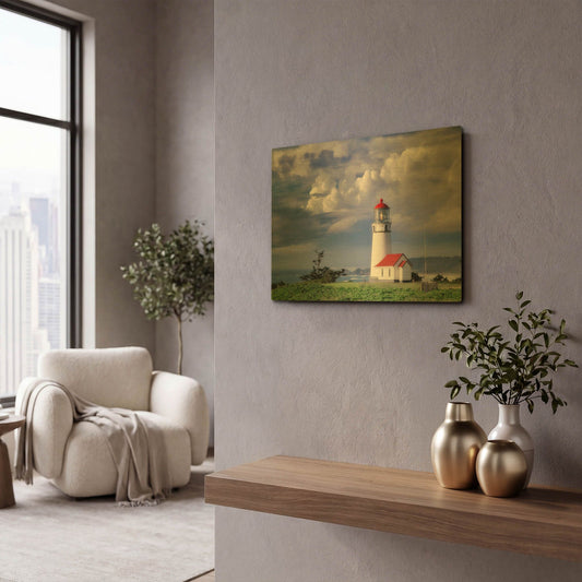 'Red Roof Lighthouse' By Dennis Frates Gold Metal Wall Art