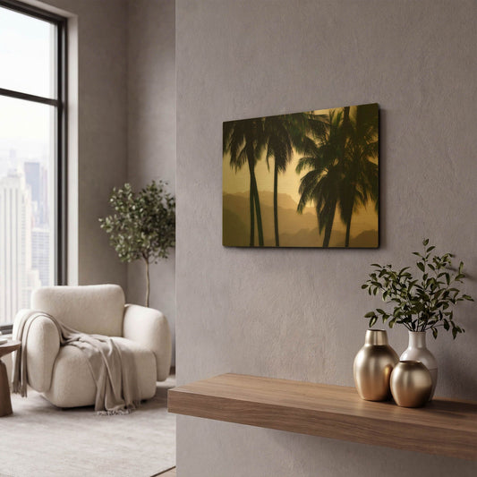 'Misty Palms II' By Dennis Frates Gold Metal Wall Art