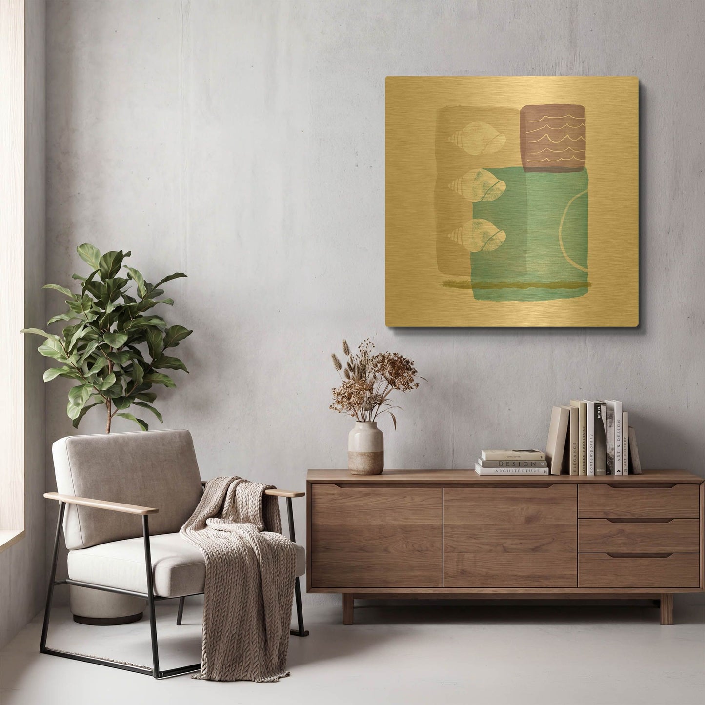 'Seashells And Waves' By Linda Woods Gold Metal Wall Art