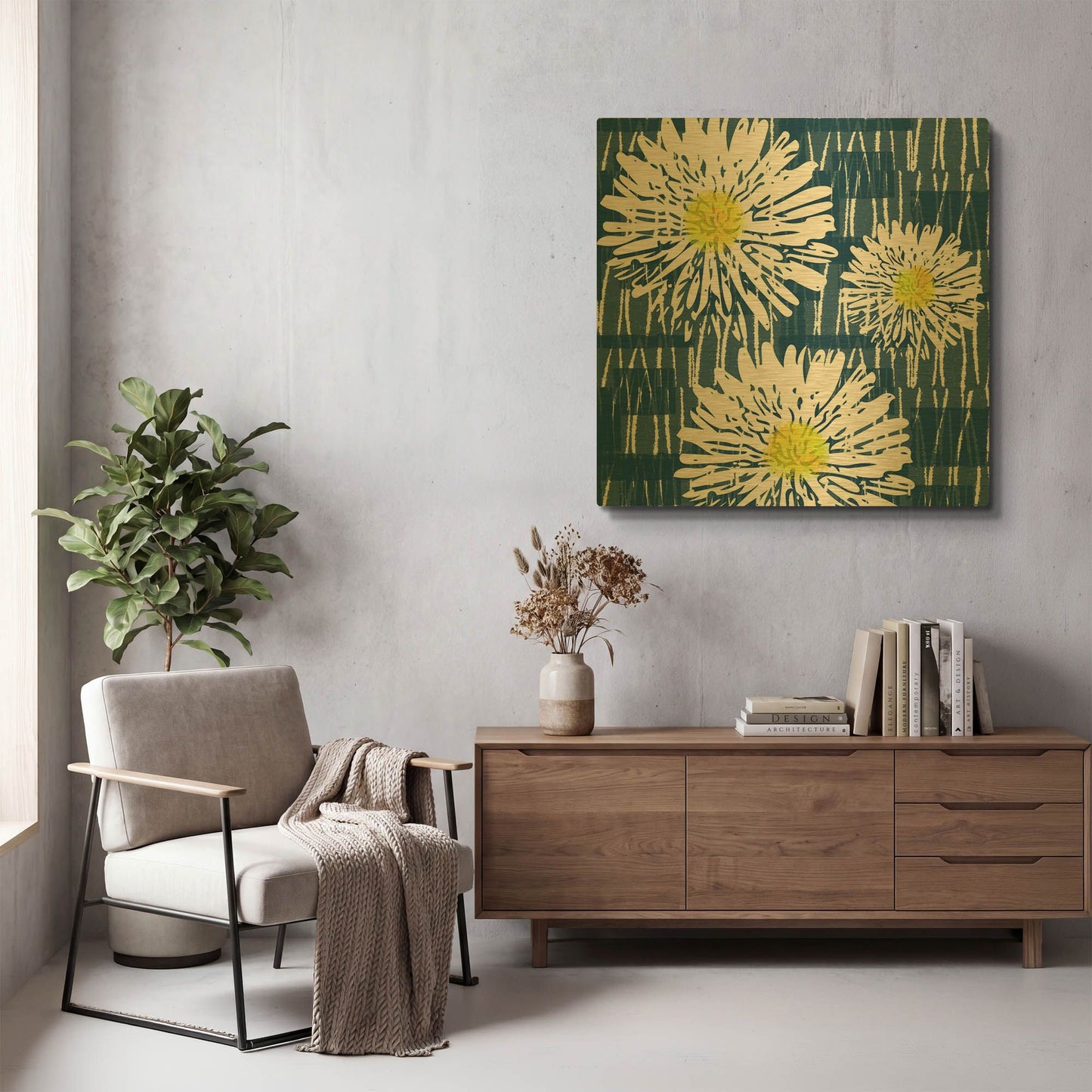 'White Flowers on Blue' By Linda Woods Gold Metal Wall Art