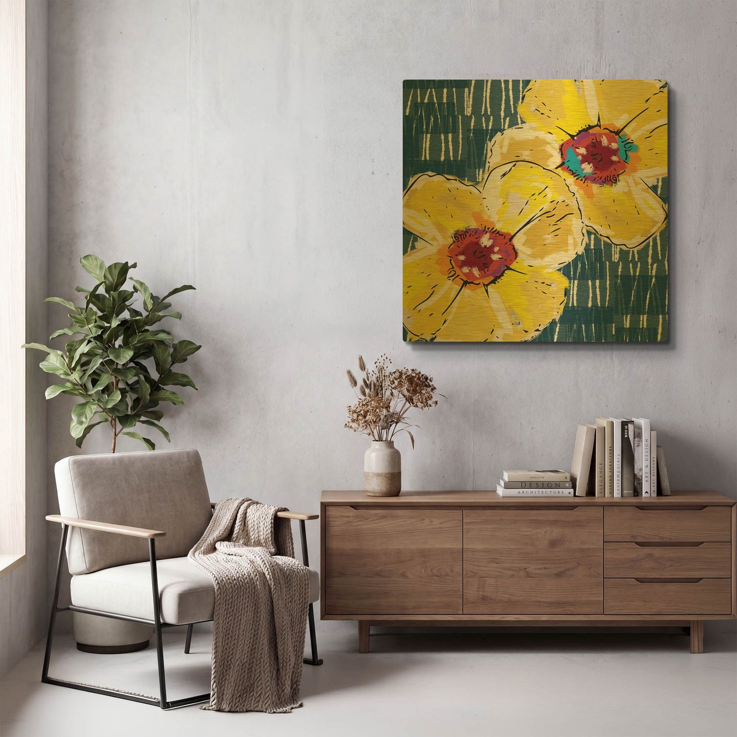 'Yellow Poppies on Blue' By Linda Woods Gold Metal Wall Art