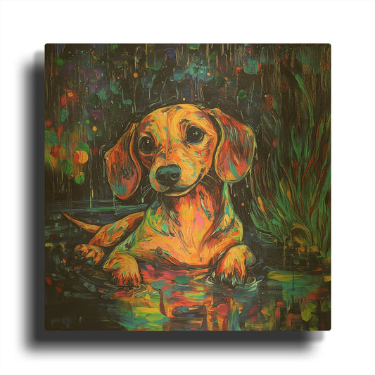 'Dachshund In The Rain' By Rich Monet Gold Metal Wall Art